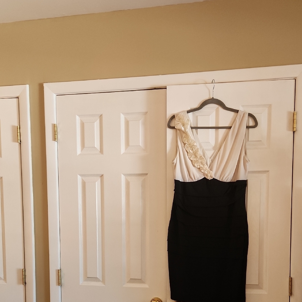 Connected Apparel One Shoulder Cream and Black Dress
